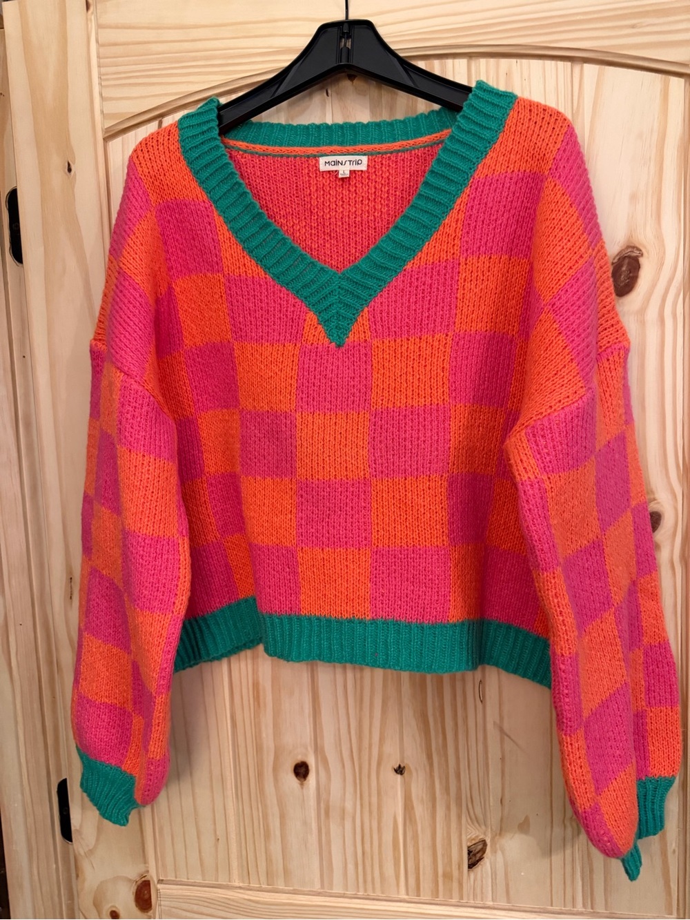 Pink & Orange Chunky Checker Sweater with Green Trim